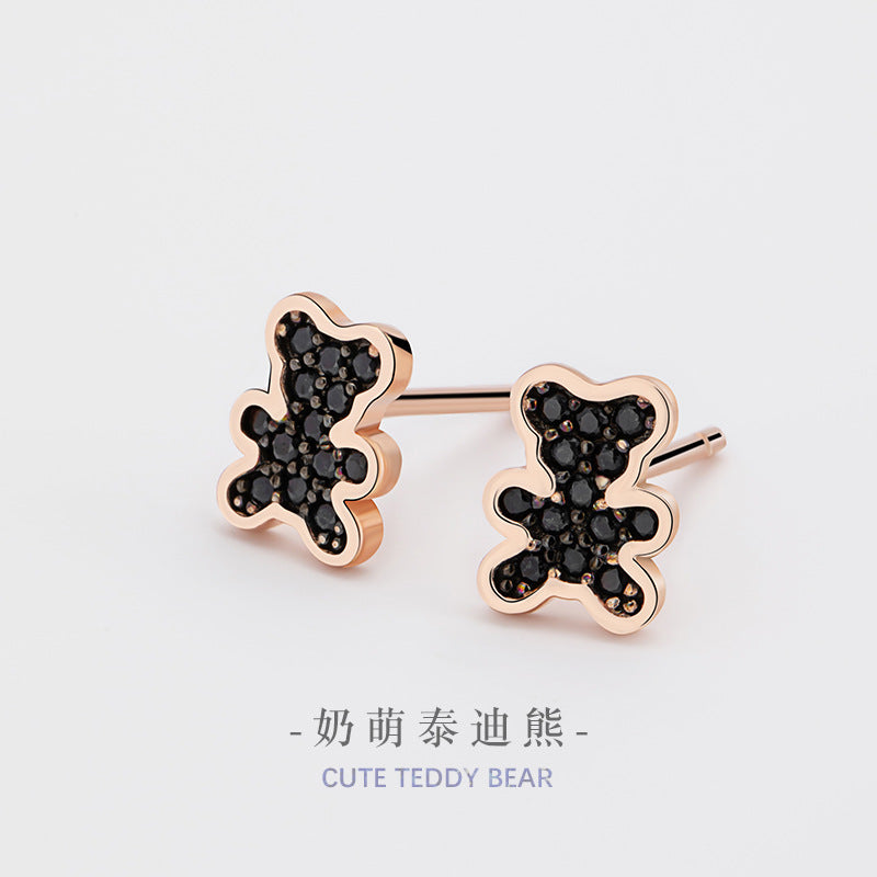 Cute Teddy Bear Sterling Silver 925 Stud Earrings Female Niche Design Light Luxury Full Diamond Zircon Earrings Ins Lovely Earrings